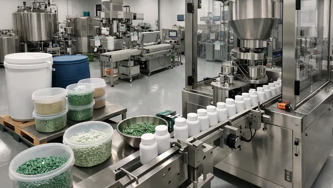Ultra-realistic clean and well-lit supplement manufacturing floor with organized equipment, controlled material staging, and no people or readable signage.