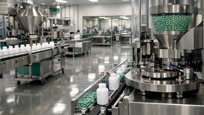 Ultra-realistic clean supplement manufacturing facility interior with polished walkways, organized production zones, and a premium readiness-focused environment with no people.