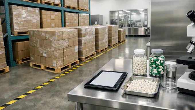 Ultra-realistic finished goods storage area with supplement cartons, palletized inventory, marked aisles, and quality controls in view with no people or readable labels.