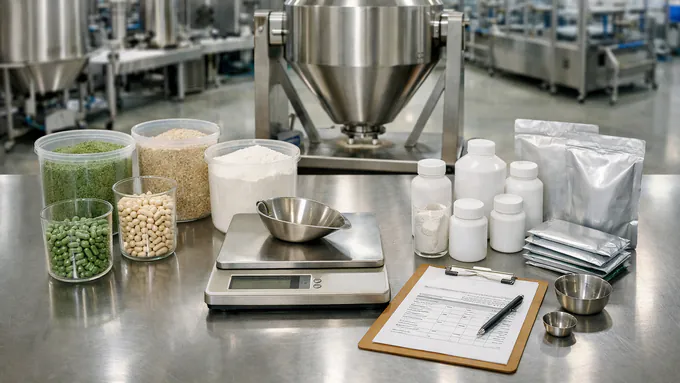 Ultra-realistic formulation and production planning setup with ingredient lots, blending tools, and packaging specifications arranged on a clean work surface with no people or readable text.