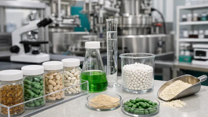 Ultra-realistic laboratory glassware, sample retains, and supplement materials staged for analytical review in a clean quality control setting with no people and no readable labels.