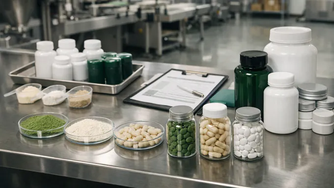 Ultra-realistic manufacturing planning workspace with ingredient readiness samples, packaging components, and production scheduling materials arranged neatly with no people.