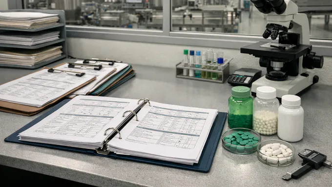 Ultra-realistic quality assurance workspace with batch records, testing summaries, and specification documents arranged in a controlled supplement manufacturing office with no people.