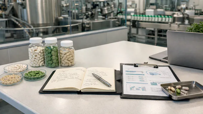 Ultra-realistic supplement manufacturer meeting area with a tidy desk, project notes, and operational reference materials arranged in a clean business setting with no people or readable text.