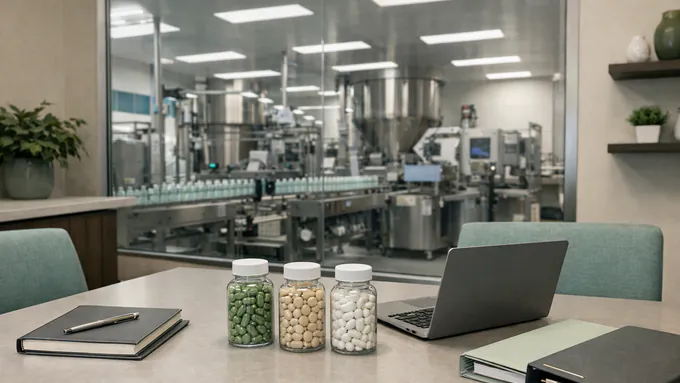 Ultra-realistic supplement manufacturer meeting area with a tidy desk, muted office materials, premium interior finishes, and a calm business environment with no people and no readable text.