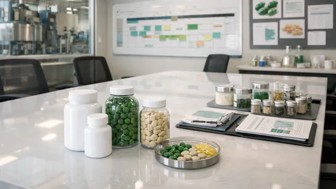 Ultra-realistic supplement manufacturing boardroom with organized materials, timeline boards, and quality reference documents in a bright space with no people or readable text.