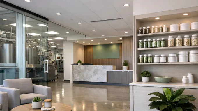 Ultra-realistic supplement manufacturing facility lobby with polished floors, premium architectural finishes, clean shelving, subtle wellness decor, and a quiet client welcome area with no people and no readable signage.