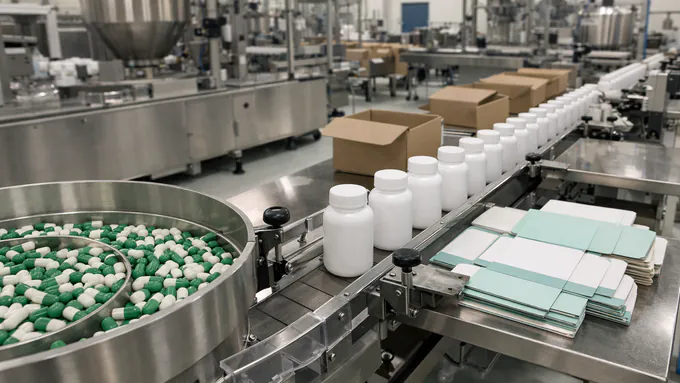 Ultra-realistic supplement manufacturing line with capsules, bottles, cartons, and packaging components in a clean production environment with no people or readable markings.