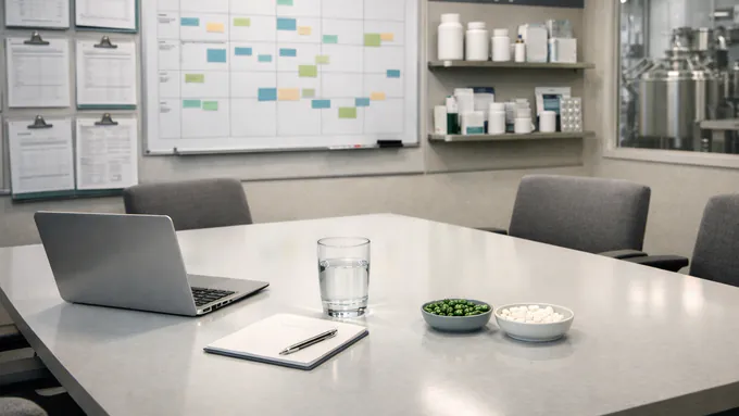 Ultra-realistic supplement manufacturing planning room with formulation records, packaging specifications, launch milestone boards, and a clean conference table with no people or readable text.