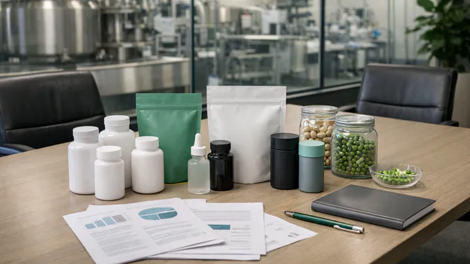 Ultra-realistic supplement operations conference room with a neatly arranged table, unreadable printed documents, sample bottles, packaging mockups, and a premium business setting with no people.