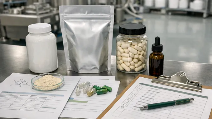 Ultra-realistic supplement packaging samples arranged beside formulation notes, component specifications, and a production planning checklist with all text unreadable and no people.